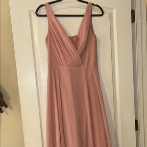 Elegant Pink Pleated Maxi Dress V-Neck A-Line